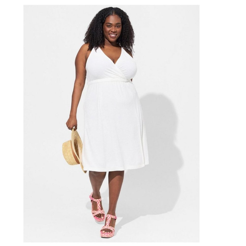Torrid Plus Size Midi Terry Cloth Wrap Beach Dress - White/Ivory - Picture 2 of 4